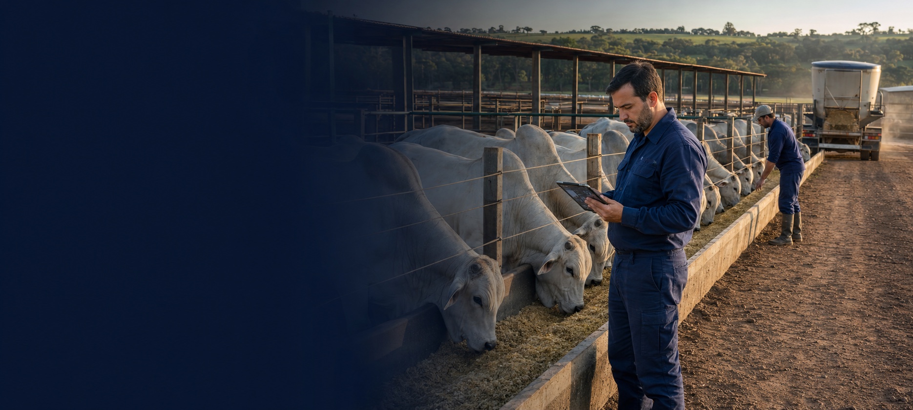 Equipe acompanhando o trato de bovinos em confinamento com controle digital