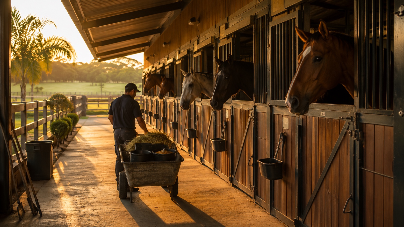 Haras 360 — manejo e alimentação de equinos nas baias ao amanhecer