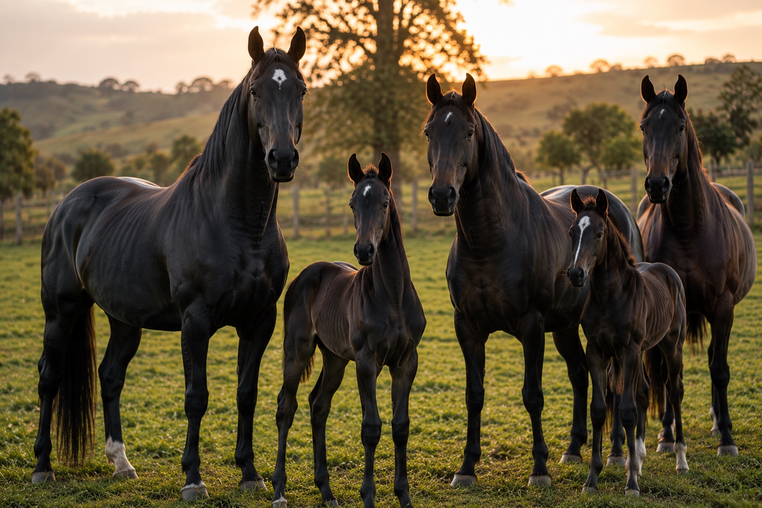 Haras 360 — éguas e potros a pasto ao pôr do sol