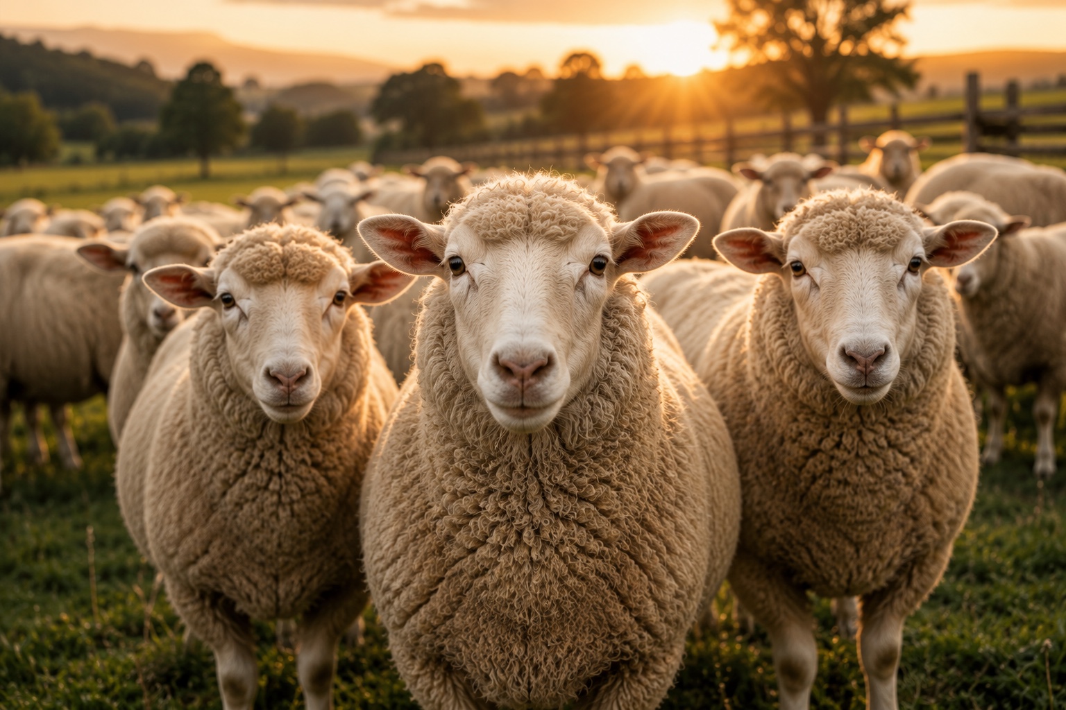 Ovinos 360 — rebanho ovino a pasto ao pôr do sol
