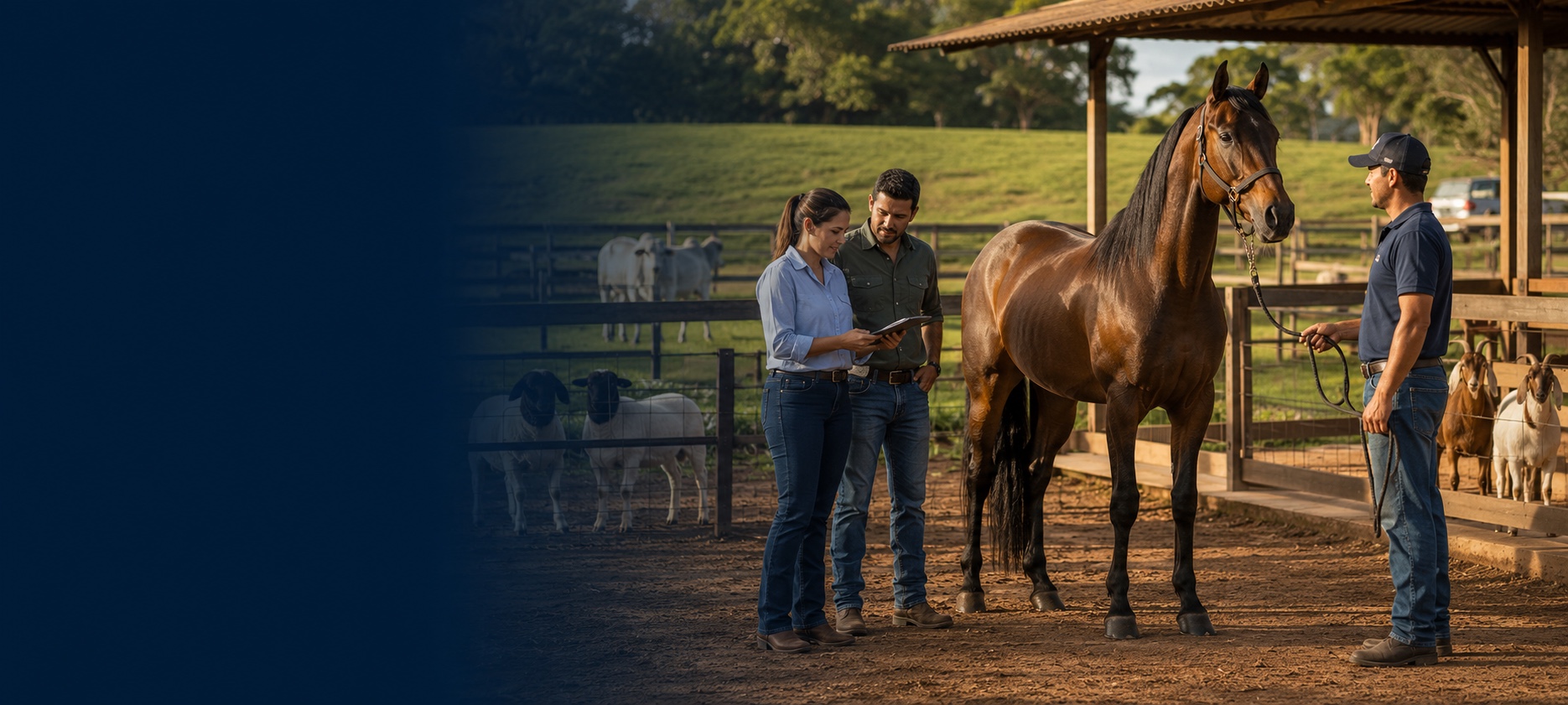 Produtores avaliando um cavalo anunciado em uma propriedade rural