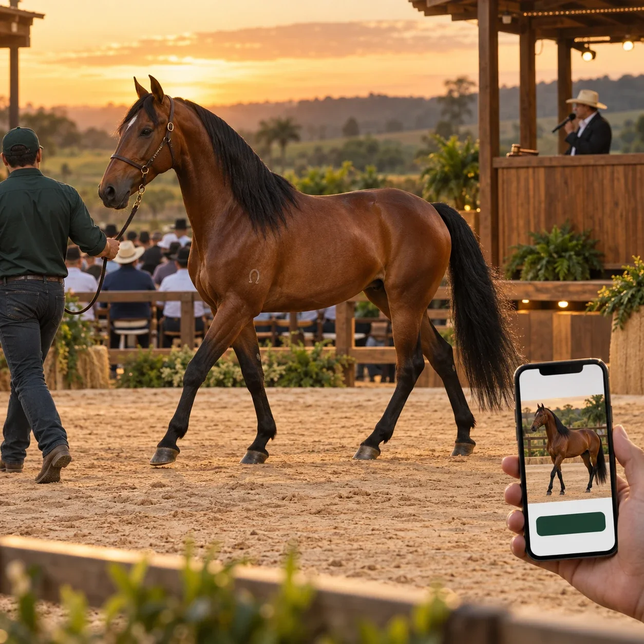 Ilustração de um leilão ao entardecer: um cavalo conduzido na pista, o leiloeiro ao fundo e, em primeiro plano, um celular acompanhando o lote.