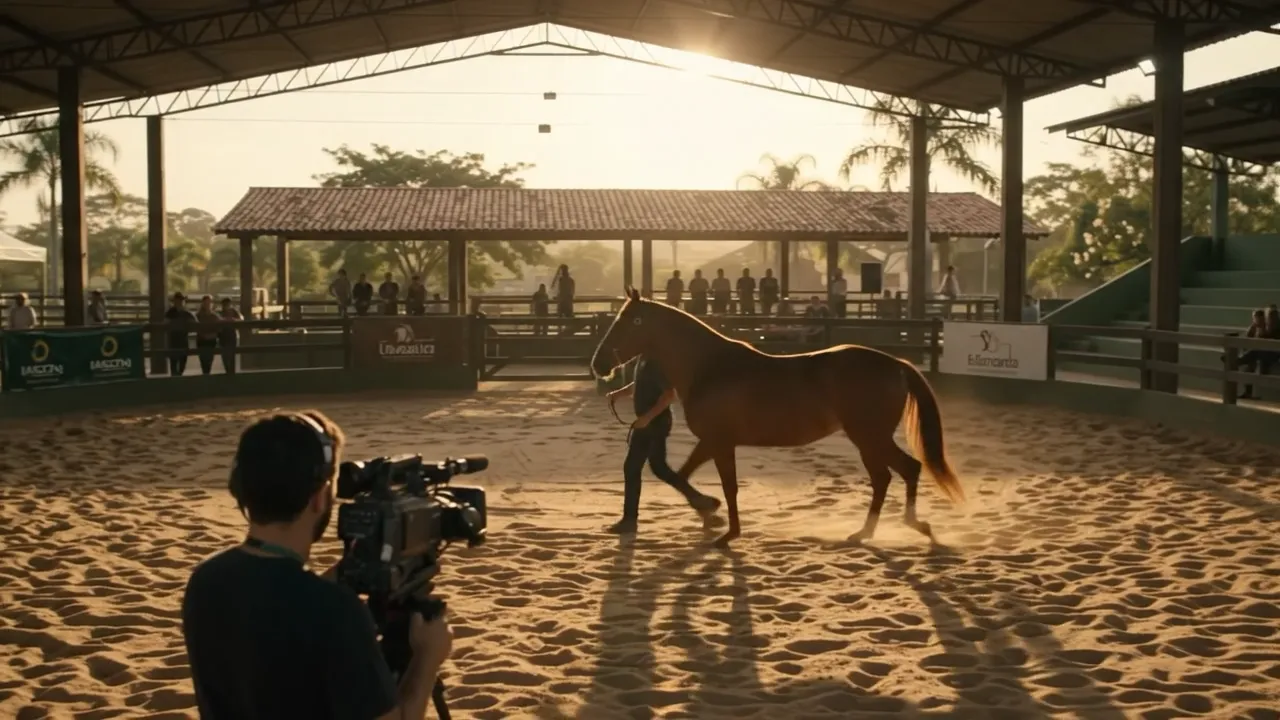 Capa do vídeo: um cavalo conduzido na pista de um recinto de leilão, filmado por um cinegrafista