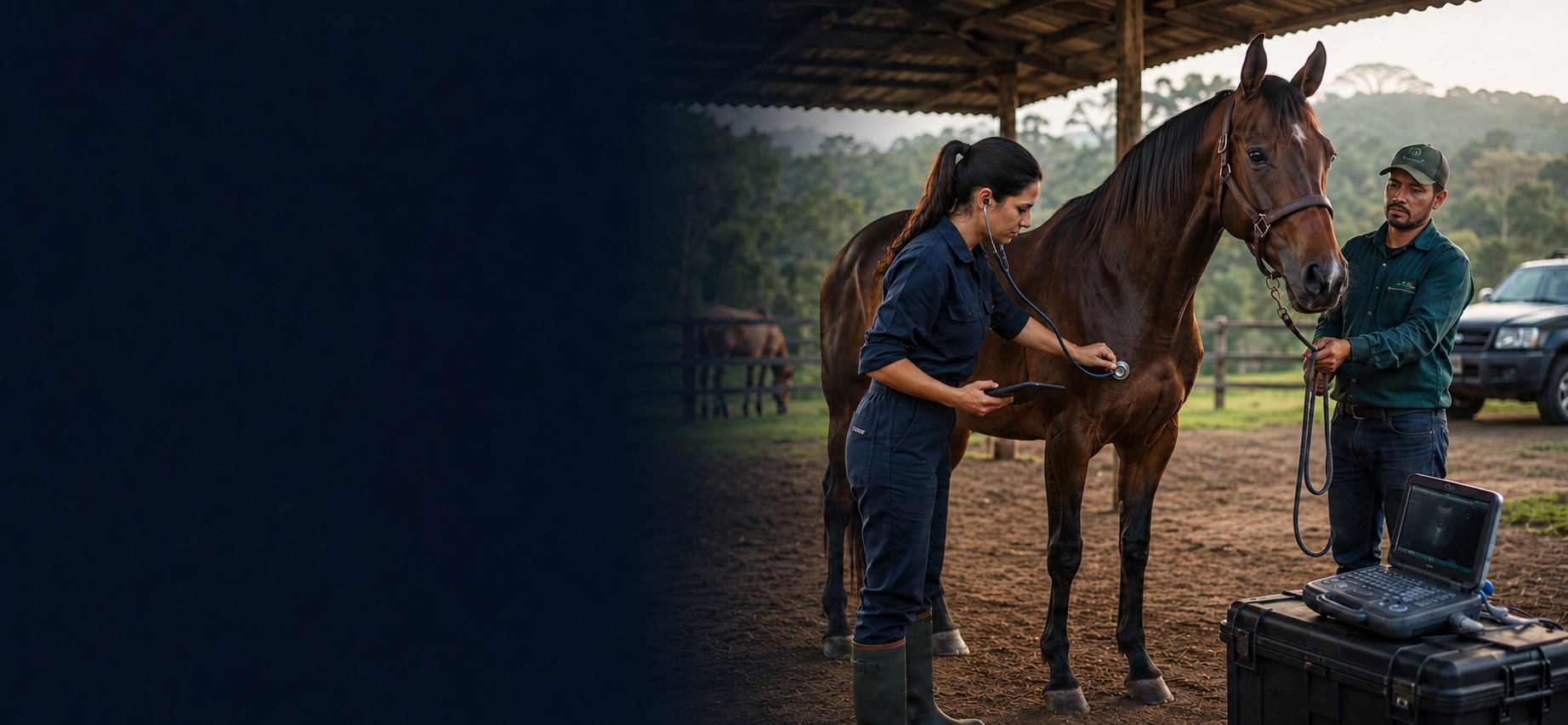 Médica-veterinária examinando um cavalo em atendimento no campo