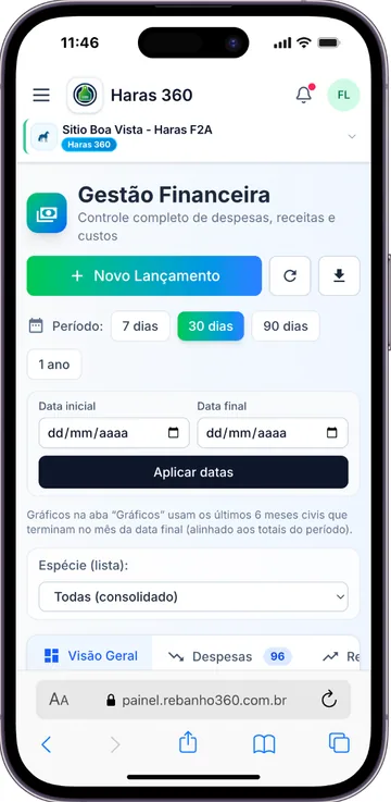 Filtros financeiros no celular — Haras 360 em celular
