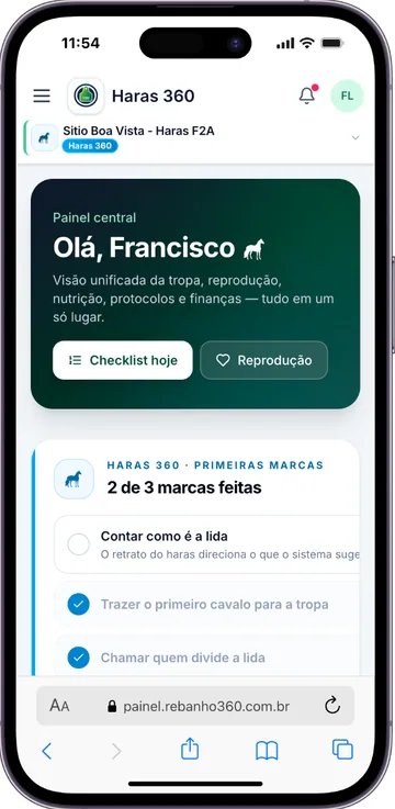 Painel central e primeiros passos — Haras 360 em celular