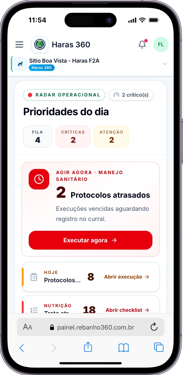 Tela do Rebanho 360: prioridades do dia.