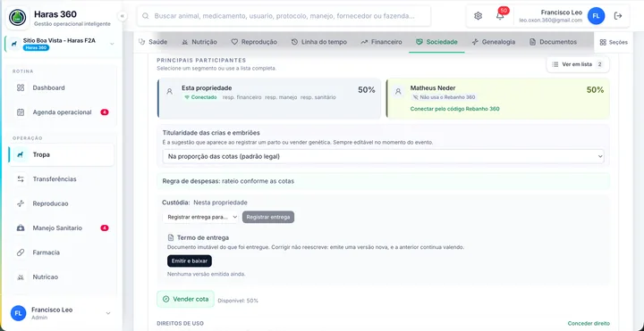 Participantes, rateio e custódia