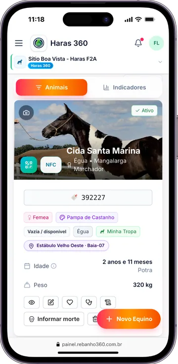 Cartão individual do animal — Haras 360 em celular