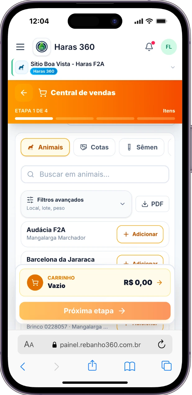 Tela do Rebanho 360: seleção de itens para venda.